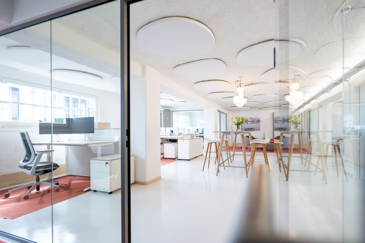 Heller Studio- und Showroom-Raum mit Sprossenfenstern